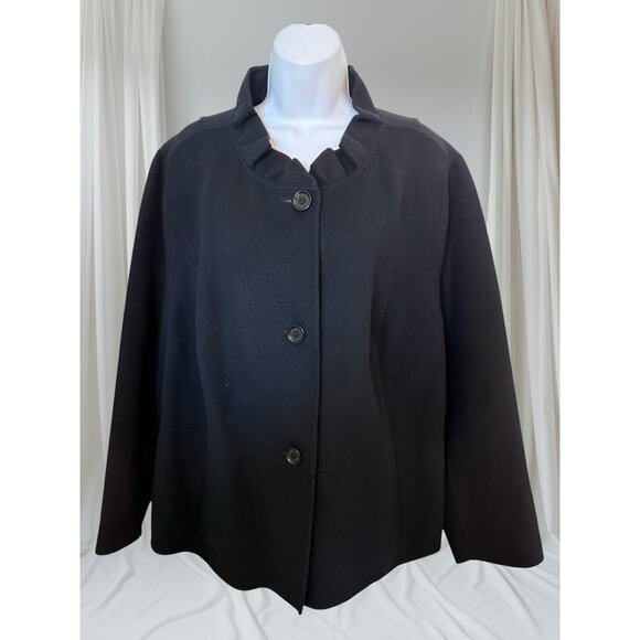 Talbots Woman Black Wool Blend Ruffle Collar Button Front Coat – Size 20W - Picture 1 of 10
